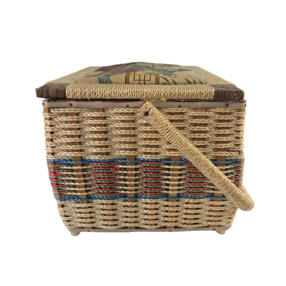 Vintage Sewing Basket with Handle Woven Asian Motif Fabric‎ Top Box 8 x 10.5 x 7
